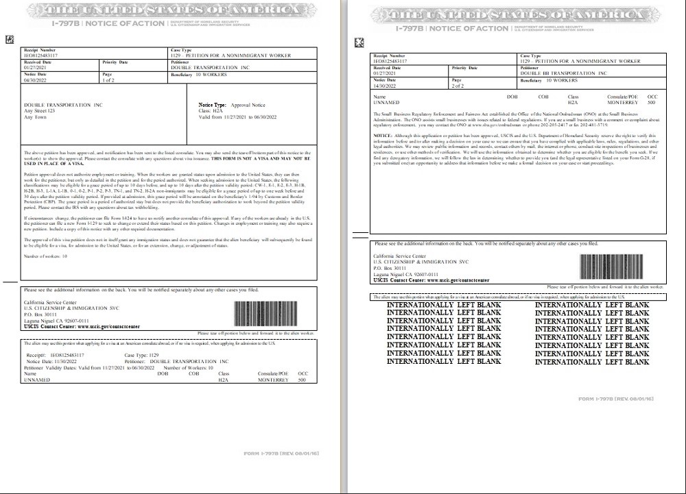 USA Form I 797B, Notice of Action template in Word and PDF format (2 pages)